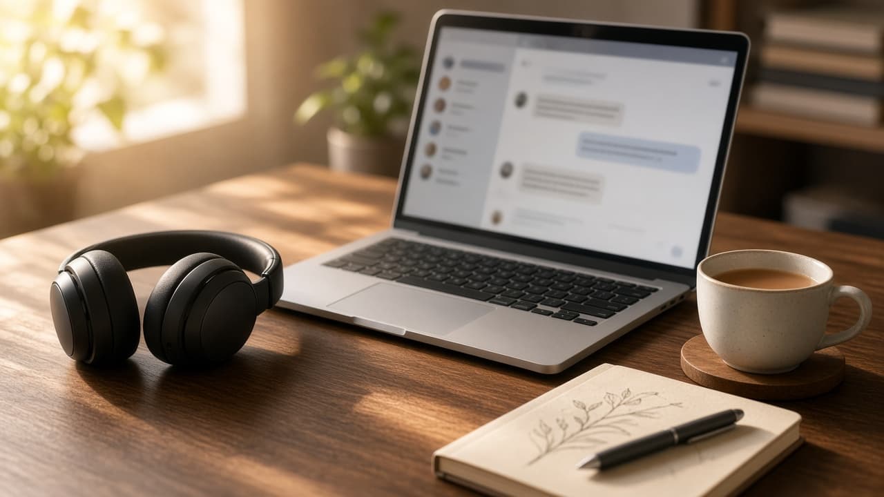 Quiet home desk setup for companion chat sessions